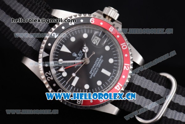 Rolex GMT-Master Asia 2813 Automatic Steel Case with Black Dial Black/Grey Nylon Strap and Red/Black Bezel - Click Image to Close
